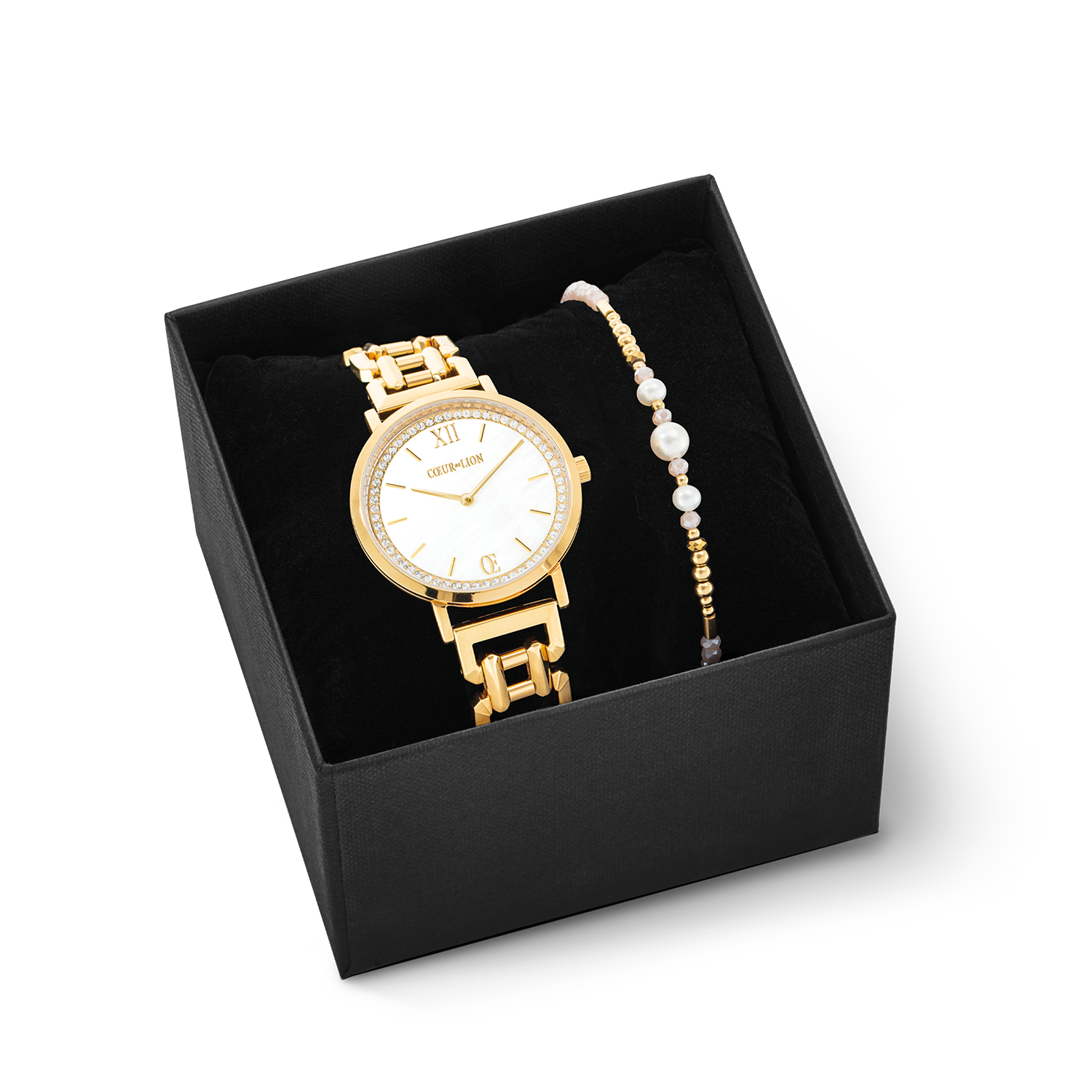 Geschenkset Uhr Rund Sparkling Perlmutt & Armband Drops Gold