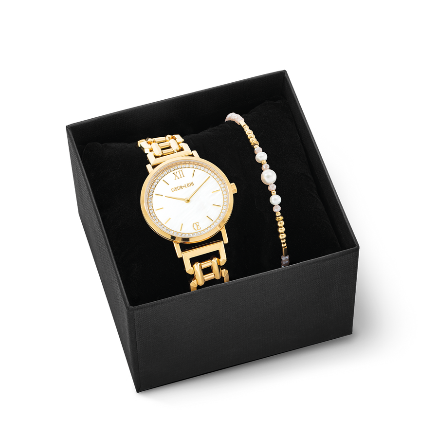 Geschenkset Uhr Rund Sparkling Perlmutt & Armband Drops Gold