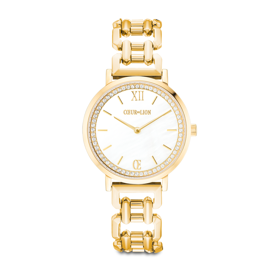 Geschenkset Uhr Rund Sparkling Perlmutt & Armband Drops Gold