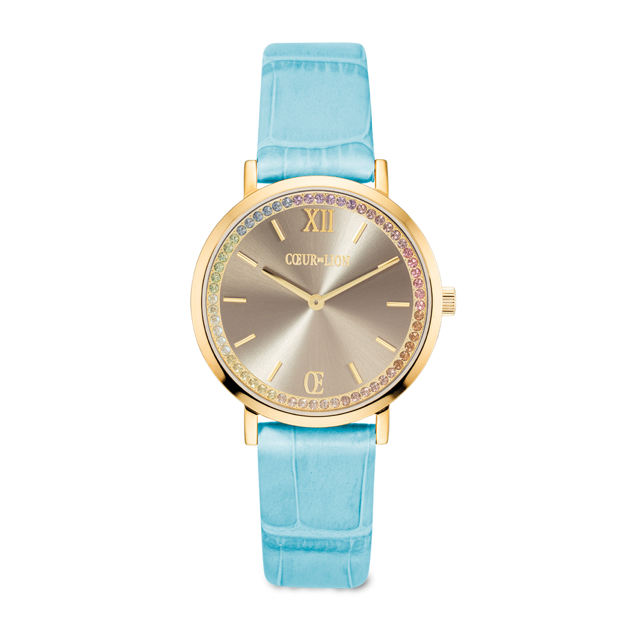 Uhr Rund Pastel Lovers Gold Armband Leder Blau