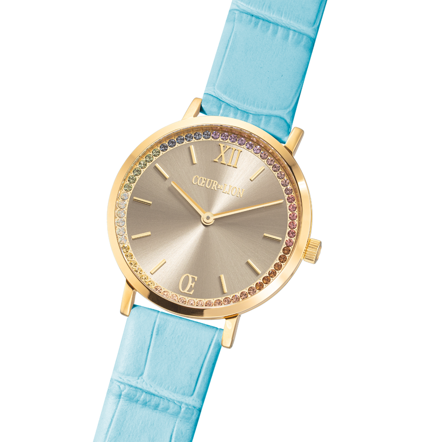 Uhr Rund Pastel Lovers Gold Armband Leder Blau