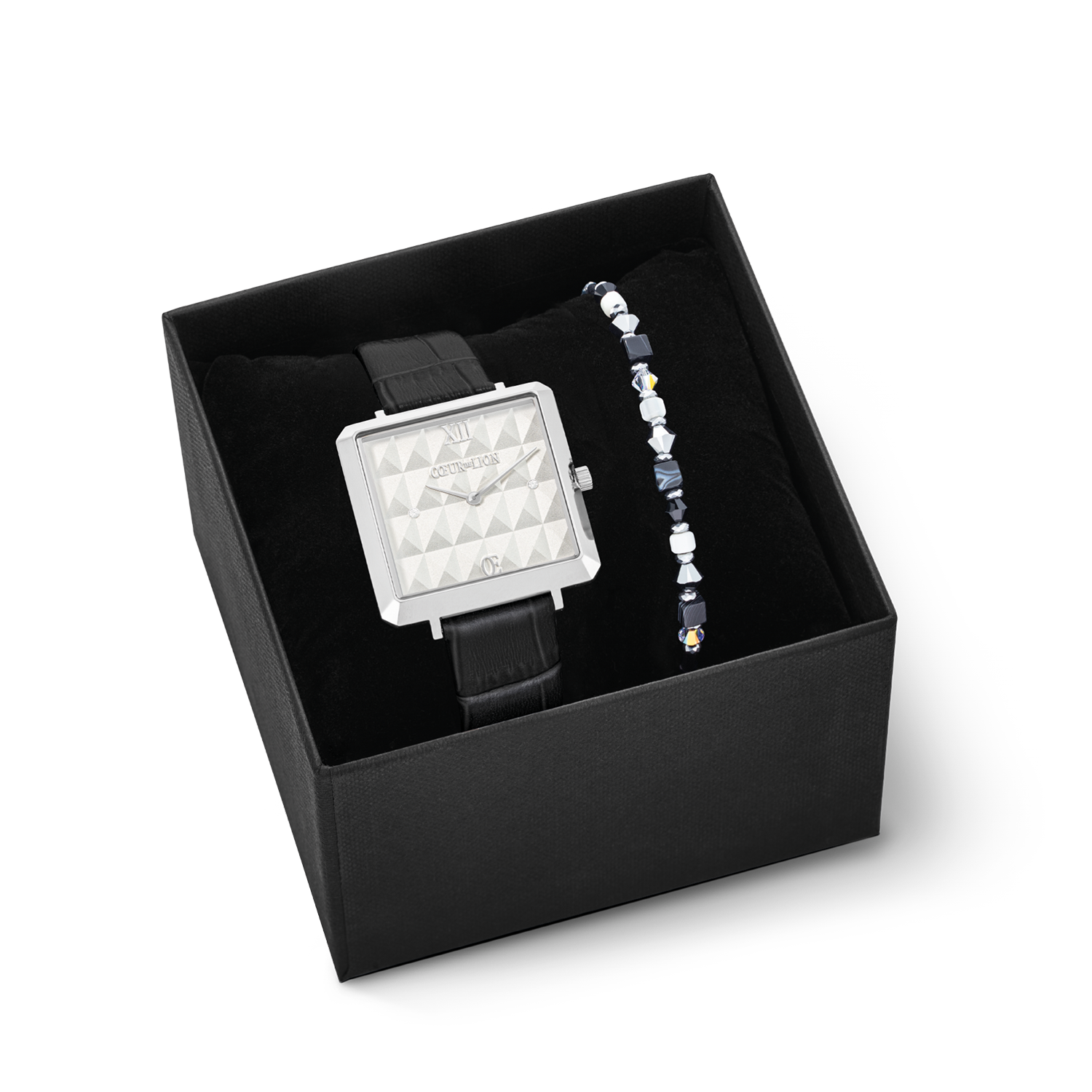 Geschenkset Uhr Iconic Cube Spikes Schwarz & Armband Princess Shape Mix Schwarz-Weiß