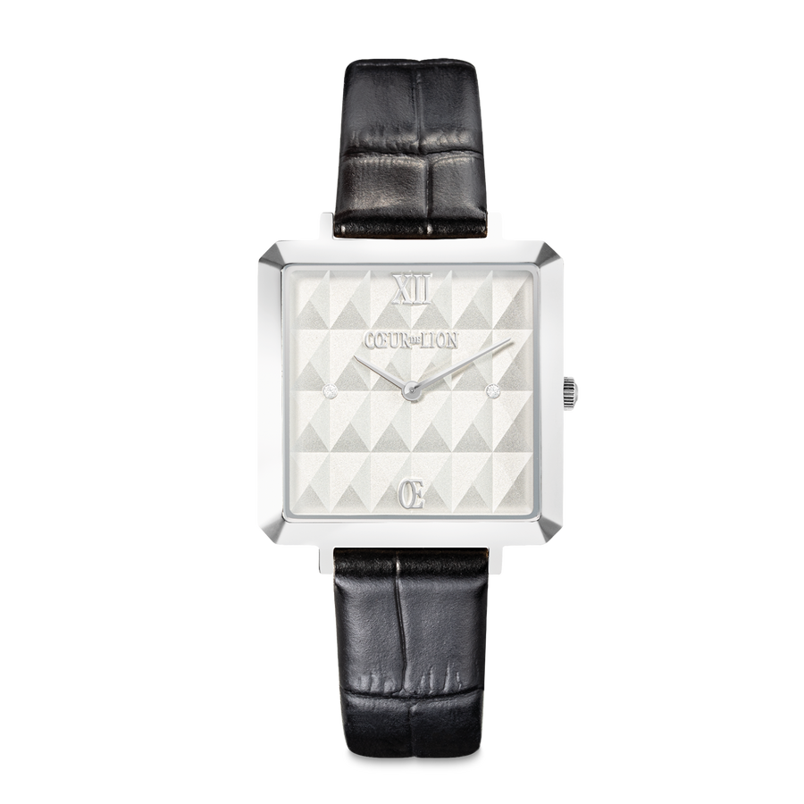 Uhr Iconic Cube Spikes Silber Armband Leder Schwarz