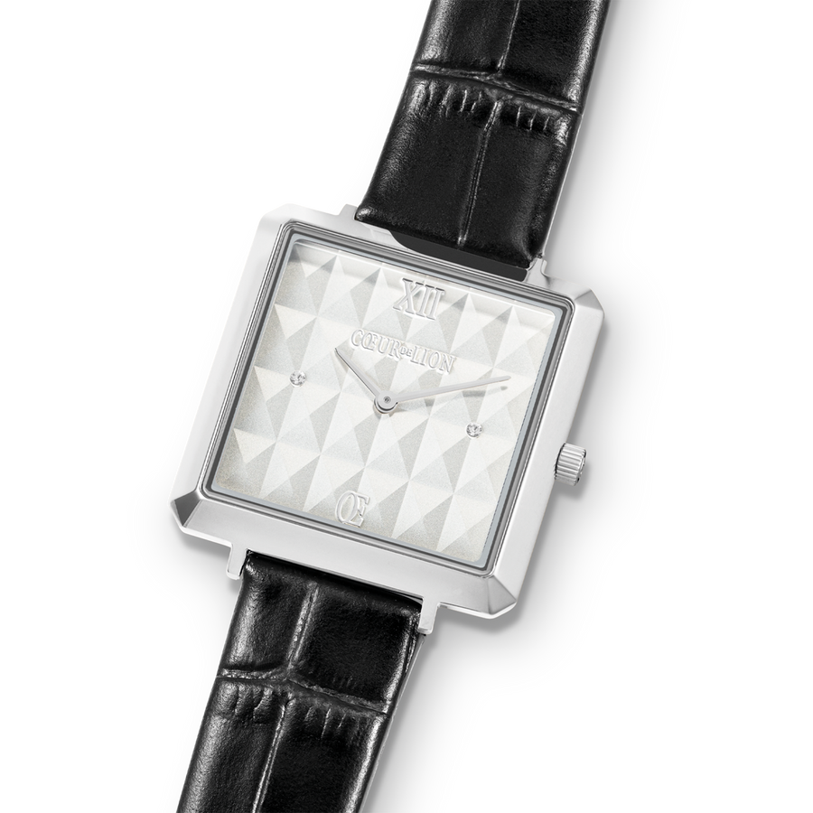 Uhr Iconic Cube Spikes Silber Armband Leder Schwarz