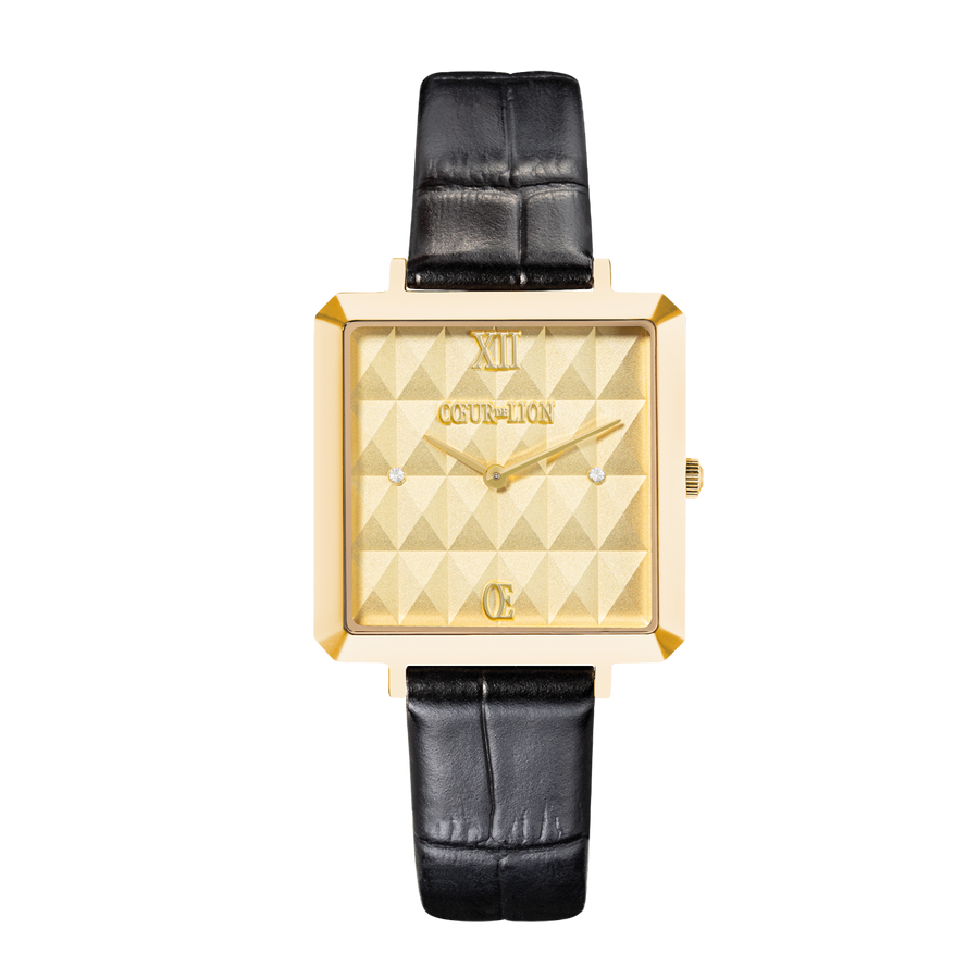 Uhr Iconic Cube Spikes Gold Armband Leder Schwarz