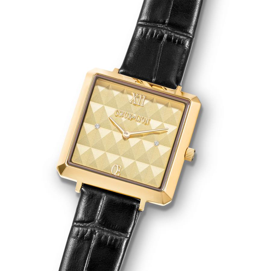 Uhr Iconic Cube Spikes Gold Armband Leder Schwarz